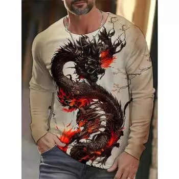 Мужская футболка с длинными рукавами и круглым вырезом с китайским драконом и рисунком в виде 3D-харадзюку, модная и персонализированная, свободного покроя S