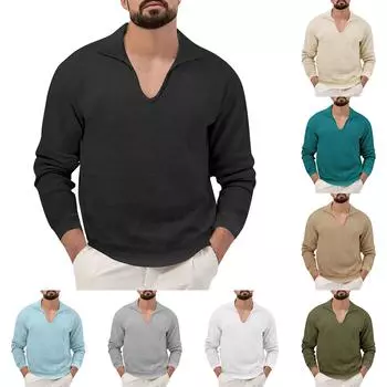 Мужская футболка с длинными рукавами, свободный однотонный облегающий повседневный топ с лацканами L армия зеленый