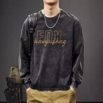 Мужская футболка с длинными рукавами в американском ретро-стиле с принтом жареного песка, осенний модный бренд, свободный свитер большого размера с круглым вырезом M