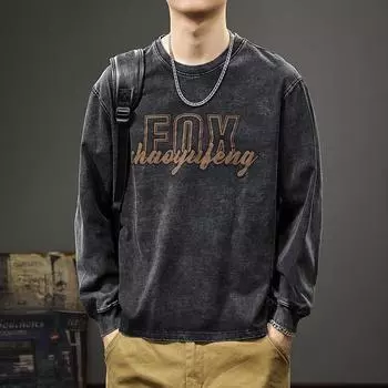 Мужская футболка с длинными рукавами в американском ретро-стиле с принтом жареного песка, осенний модный бренд, свободный свитер большого размера с круглым вырезом M