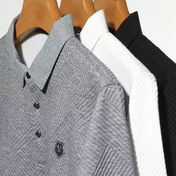 Мужская футболка с длинными рукавами, весенняя новая корейская мода, повседневная однотонная рубашка-поло с длинными рукавами и лацканами для папы M