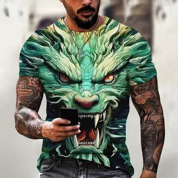 Мужская футболка с драконом, модная футболка с 3D принтом, с животным узором, с короткими рукавами, уличная одежда большого размера, футболки, летние повседневные мужские топы S чёрный/золотой