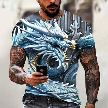 Мужская футболка с драконом, модная футболка с 3D принтом, с животным узором, с короткими рукавами, уличная одежда большого размера, футболки, летние повседневные мужские топы S белый