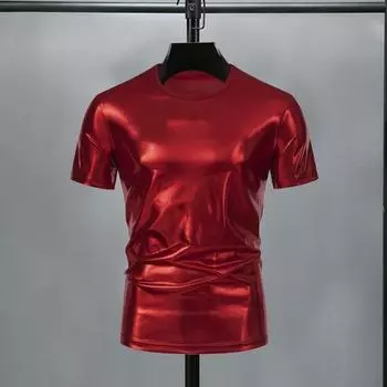 Мужская футболка с глянцевой поверхностью, бронзовая посадка, круглый вырез, однотонный тонкий пуловер с короткими рукавами, вечерние, клубные, танцевальные XL золотистый