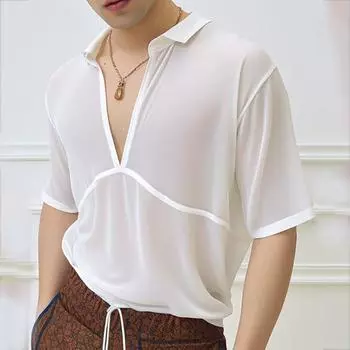 Мужская футболка с глубоким V-образным вырезом, коротким рукавом и лацканами, белая футболка, летняя свободная посадка, повседневная уличная одежда, повседневная одежда для путешествий и отпуска S белый