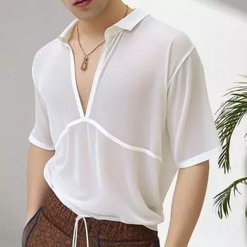 Мужская футболка с глубоким V-образным вырезом, коротким рукавом и лацканами, белая, летняя, свободного кроя, повседневная S белый