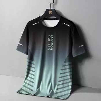 Мужская футболка с градиентом для бега, большие футболки с короткими рукавами, летняя быстросохнущая спортивная футболка, высококачественная мужская футболка для фитнеса S