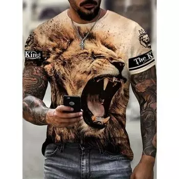 Мужская футболка с графическим принтом в виде льва 3D Digital Pattern Print, удобные повседневные футболки, топы с коротким рукавом, мужская летняя верхняя одежда M жёлтый