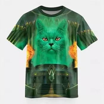Мужская футболка с изображением кошки, футболка с коротким рукавом, 3D-принт, рубашка с круглым вырезом, преувеличенная дизайнерская одежда для вечеринок, улиц, повседневная зеленая летняя одежда S