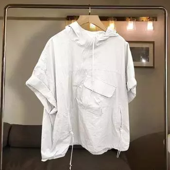 Мужская футболка с капюшоном и короткими рукавами в корейском стиле, с дизайном на молнии и большим карманом XL белый