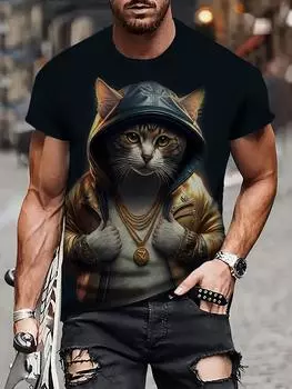 Мужская футболка с капюшоном с 3D принтом Wealthy Cat In Hoodie и коротким рукавом, легкая универсальная футболка для летней повседневной носки