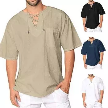 Мужская футболка с коротким рукавом, хлопково-льняная повседневная мужская футболка с воротником-стойкой XXXL белый