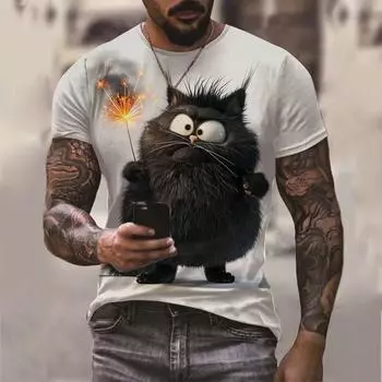 Мужская футболка с коротким рукавом и круглым вырезом с принтом кота, мужская летняя одежда, мягкая, слегка эластичная ткань из смеси полиэстера S