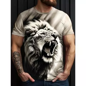 Мужская футболка с коротким рукавом и круглым вырезом с принтом льва, мягкая дышащая повседневная одежда для активного отдыха, летняя базовая одежда, футболки S