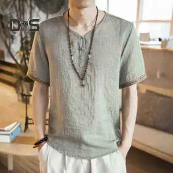 Мужская футболка с коротким рукавом и v-образным вырезом, легкий повседневный топ, однотонная рубашка размера плюс, летняя одежда, повседневная одежда M бежевый