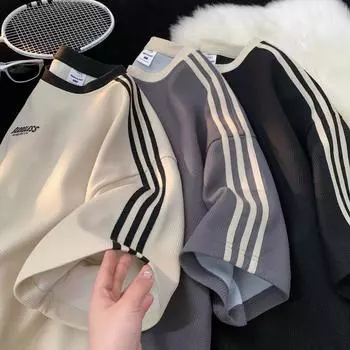 Мужская футболка с коротким рукавом из вафельной ткани, лето 2023 г.: Модный, повседневный, свободный топ для пар 2XL абрикосовый