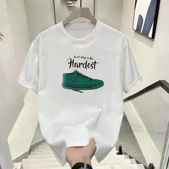 Мужская футболка с коротким рукавом, новая свободная летняя обувь с круглым вырезом, модная обувь из чесаного хлопка, большие размеры, мужской белый топ с принтом 2024 S чёрный