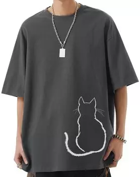 Мужская футболка с коротким рукавом, с большим принтом кота спереди, Крутой для школы [bluefeel], Размер, Тонкая, Принт, Узор, Популярная, Влагоотводящая, Быстросохнущая, На ощупь,