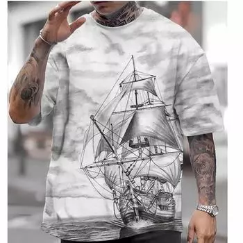 Мужская футболка с коротким рукавом с морским принтом, мужская футболка в стиле ретро, летняя повседневная футболка большого размера, свободная быстросохнущая спортивная рубашка 2024 S