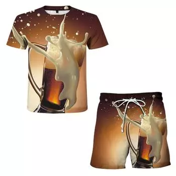 Мужская футболка с коротким рукавом, шорты, костюмы из двух частей, мужская мода, пивные комплекты с 3D-печатью S