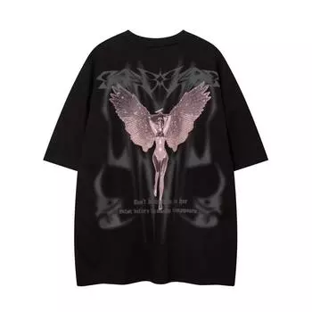 Мужская футболка с короткими рукавами и принтом абстрактного крыла ангела, летняя повседневная спортивная футболка с круглым вырезом в американском стиле High Street S чёрный