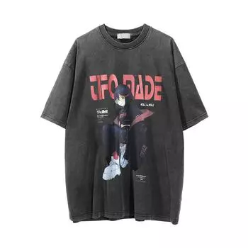 Мужская футболка с короткими рукавами и принтом аниме-персонажей, свободная и повседневная, летняя потертая футболка с круглым вырезом, уличный модный топ M