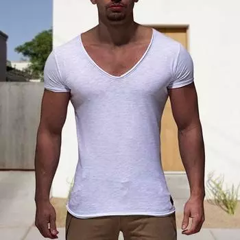 Мужская футболка с короткими рукавами и V-образным вырезом, однотонная, мягкая, приталенная, средней длины, эластичная XL темно-синий