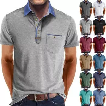 Мужская футболка с короткими рукавами и воротником-лацканами, повседневный топ с круглым вырезом L чёрный