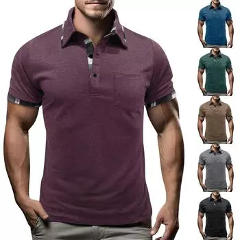 Мужская футболка с короткими рукавами и воротником-лацканами, повседневный топ с круглым вырезом L чёрный