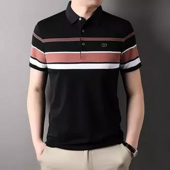Мужская футболка с короткими рукавами, летняя полосатая свободная футболка с половиной рукавов, деловая рубашка-поло, модная мужская одежда M чёрный