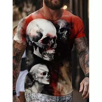 Мужская футболка с кроваво-красным черепом, 3D-принт с ретро-черепом, короткий рукав, летний круглый вырез, свободный уличный топ большого размера XS