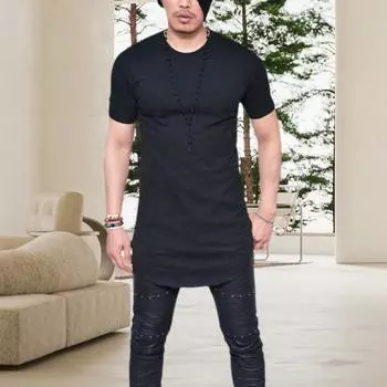 Мужская футболка с круглым вырезом, чистый нерегулярный подол, тонкий пуловер с коротким рукавом, повседневная повседневная одежда средней длины L чёрный