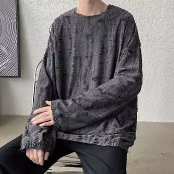 Мужская футболка с круглым вырезом, длинным рукавом, рваными отверстиями, однотонный джемпер, топы в уличном стиле, базовый слой, уличные топы M серый