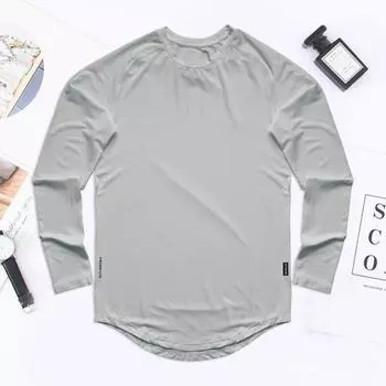Мужская футболка с круглым вырезом и длинным рукавом, сплошной цвет, быстросохнущий эластичный пуловер средней длины M белый