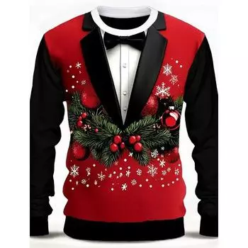 Мужская футболка с круглым вырезом и принтом рождественской елки, снежинки, галстука-бабочки, 3D-принт, повседневная футболка на рождественскую тематику, красные топы с длинными рукавами S