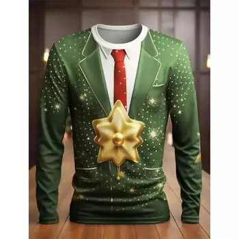 Мужская футболка с круглым вырезом и принтом рождественской елки, снежинки, галстука-бабочки, 3D-принт, повседневная футболка на рождественскую тематику, красные топы с длинными рукавами S