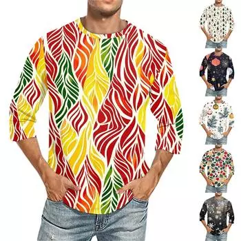 Мужская футболка с круглым вырезом и рукавом три четверти с рождественским принтом XL бежевый