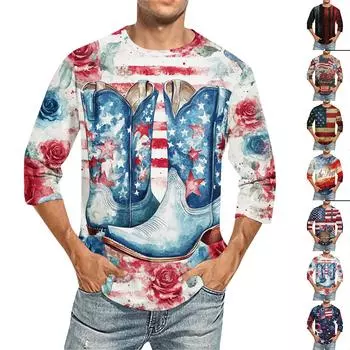 Мужская футболка с круглым вырезом и рукавом 3/4 с принтом «День независимости» XXXL синий