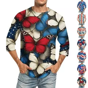 Мужская футболка с круглым вырезом и рукавом 3/4 с принтом «День независимости» XXXXL