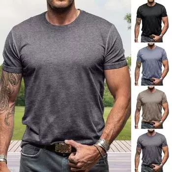 Мужская футболка с круглым вырезом, однотонная хлопковая футболка с коротким рукавом, базовая футболка, пуловер S хаки