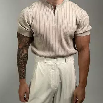 Мужская футболка с круглым вырезом, повседневная однотонная футболка с коротким рукавом, с застежкой-молнией на половину длины, с драпировкой, базовая футболка, летний топ для занятий спортом, в спортзале, для путешествий, офиса, повседневной носки M абри