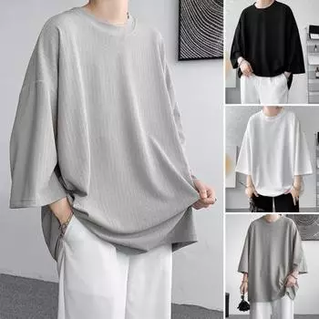 Мужская футболка с круглым вырезом, рукавами три четверти, однотонная футболка в повседневном стиле, свободная футболка для улицы, путешествий, отпуска M светло-серый