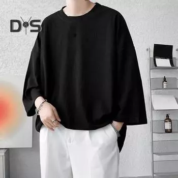 Мужская футболка с круглым вырезом, рукавами три четверти, однотонная футболка в повседневном стиле, свободная футболка для улицы, путешествий, отпуска M чёрный