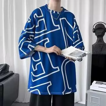 Мужская футболка с круглым вырезом, средний цвет, длина с принтом ледяной буквы, шелковый пуловер с короткими рукавами, свободная уличная одежда, молодежная 3XL чёрный