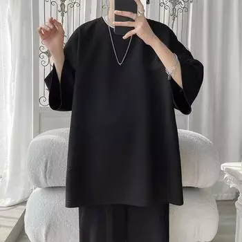 Мужская футболка с круглым вырезом, свободная длина, однотонная текстура, вафельный цвет, средний размер, половина рукава, уличная одежда в японском стиле