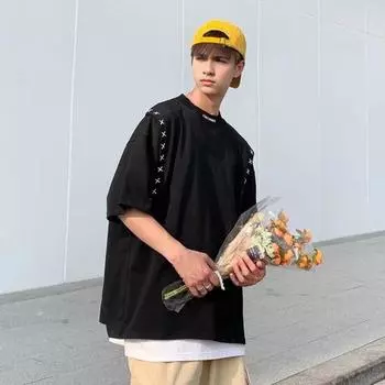 Мужская футболка с круглым вырезом, свободный рукав, японский однотонный стиль, пэчворк, полуцвет, средней длины, пуловер, уличная одежда, повседневная, повседневная L чёрный