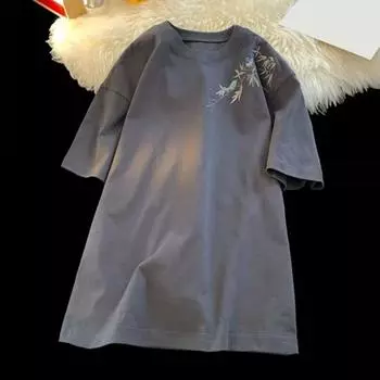 Мужская футболка с круглым вырезом в китайском стиле, свободная, средней длины, однотонная, с цветочным принтом, с короткими рукавами, уличная одежда, топ на открытом воздухе L темно-серого