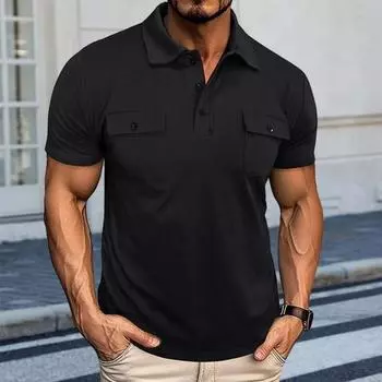 Мужская футболка с лацканами и нагрудными карманами, короткий рукав, воротник на пуговицах, однотонная повседневная футболка-пуловер для спортзала, уличная одежда M