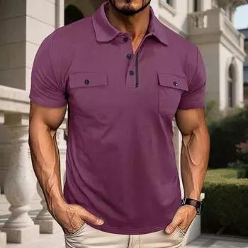 Мужская футболка с лацканами и нагрудными карманами, короткий рукав, воротник на пуговицах, однотонная повседневная футболка-пуловер для спортзала, уличная одежда M
