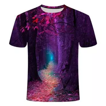 Мужская футболка с летним лесным закатом и 3d принтом с естественным узором, повседневные удобные топы с круглым воротником, одежда больших размеров XL